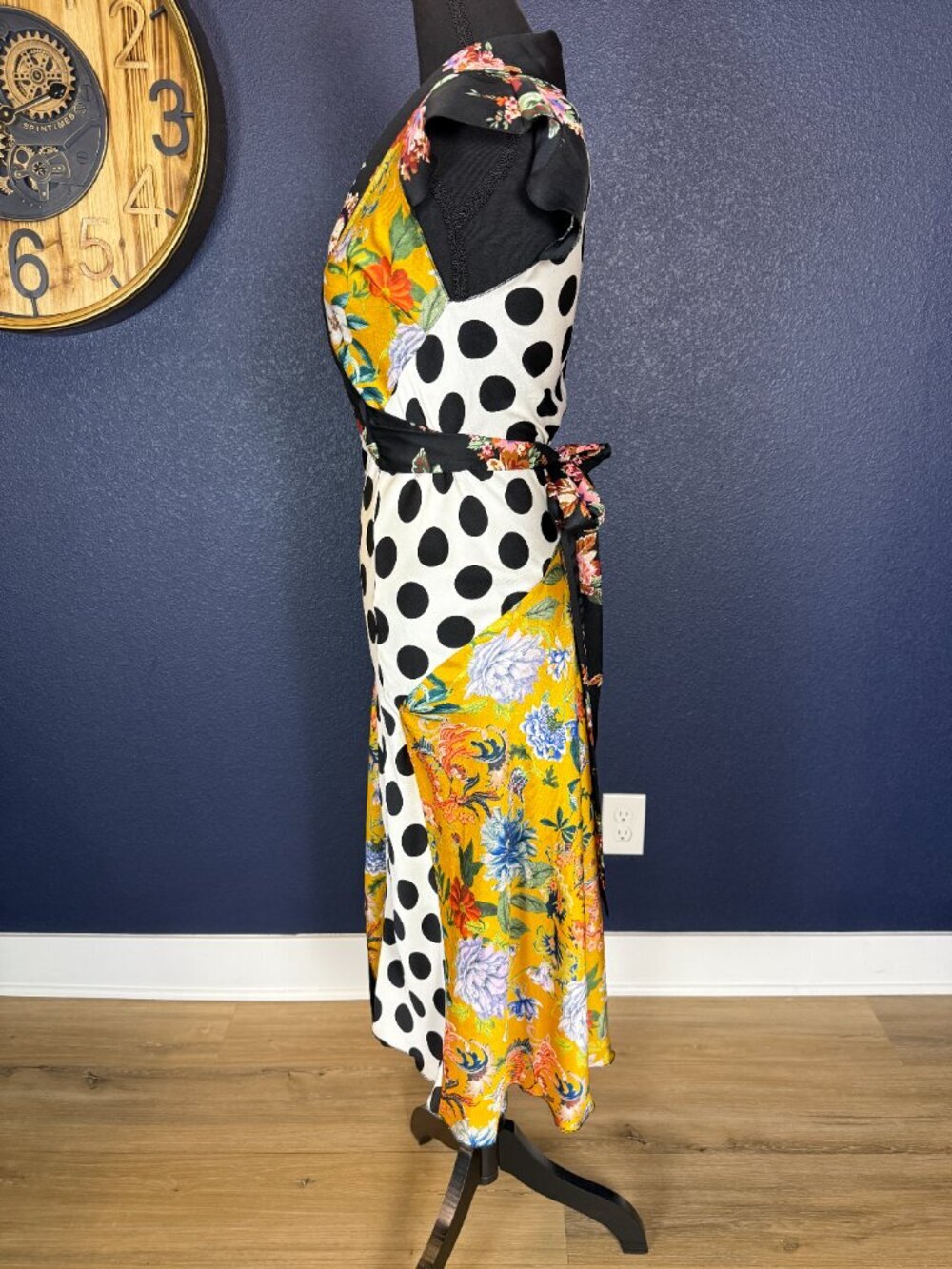 Zara NWT Mixed Print Floral Polka Dot Wrap Midi Dress Yellow Black | Size XS - Picture 7 of 9